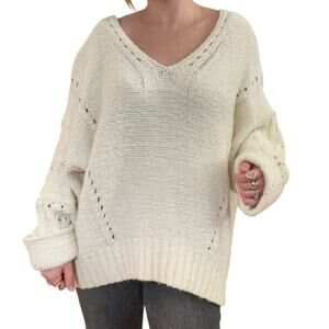 Anthropologie Pilcro Cream Slouchy Open Knit Cotton Blend Scoop Neck Sweater L